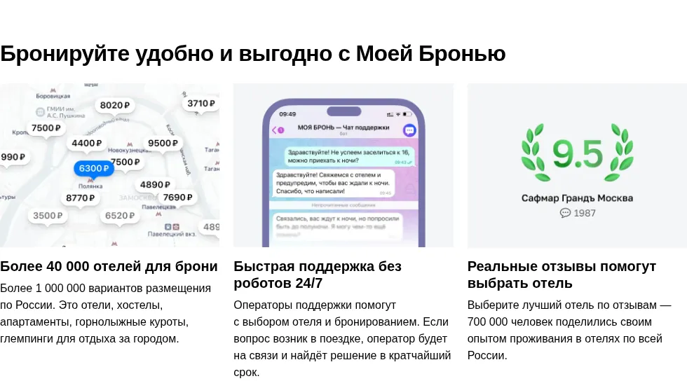 Три преимущества сервиса: более 40 000 отелей, поддержка 24/7 без роботов, 700 000 реальных отзывов