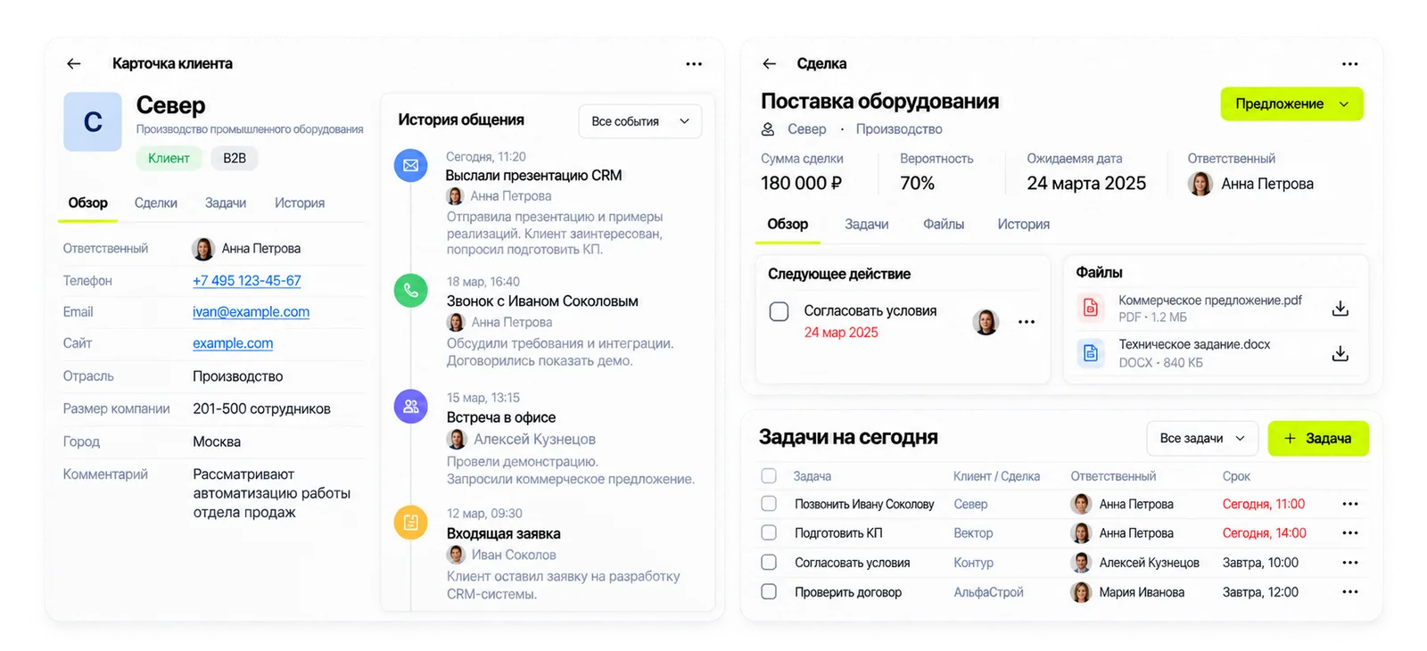 Пример CRM: карточка клиента с историей общения, сделка со следующим действием и задачи команды